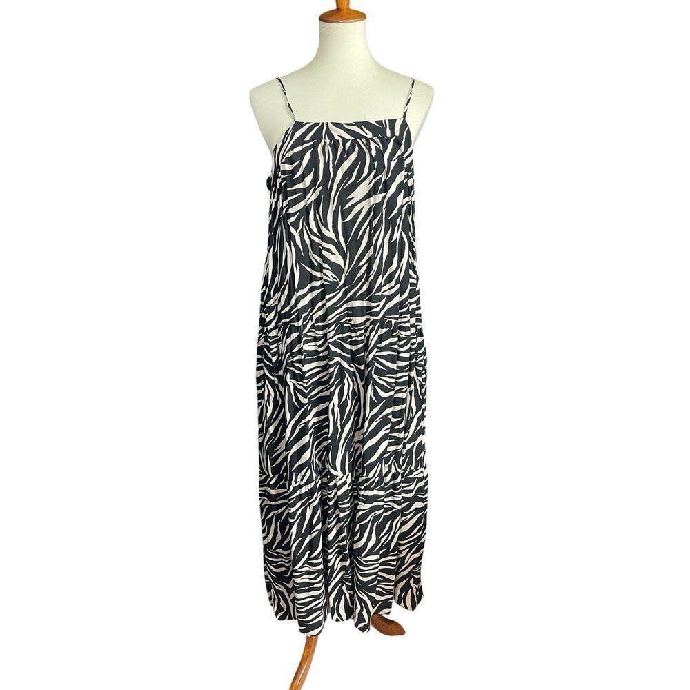 Time and True Maxi Dress Large Black & White Swirl Boho Peasant w/ Pockets